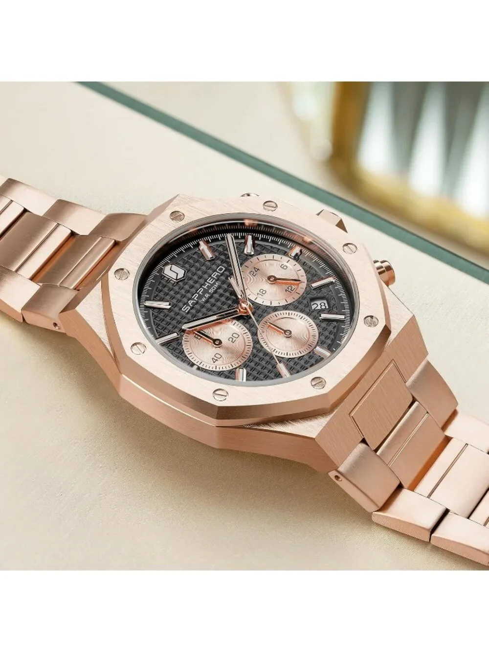 Men's Rose Black Chronograph Quartz Movement Stainless Steel Luxury Wrist Watch